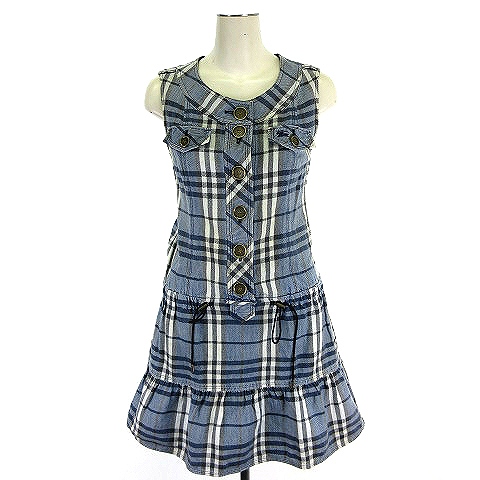 バーバリーブルーレーベル Burberry Blue Label ワンピース ノースリーブ チェック ロゴ 刺繍 ひざ丈 膝丈 ブルー系 青系 36 レディース 001 ベクトルパーク