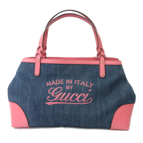 グッチ Gucci トートバッグ デニム レザー コンビ ロゴ プリント インディゴ ピンク レディース 001 ベクトルパーク