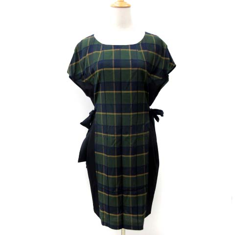 ノンサンス Non Sens ワンピース 膝丈 フレンチスリーブ チェック リボン 緑 紺 ネイビー F レディース 001 ベクトルパーク