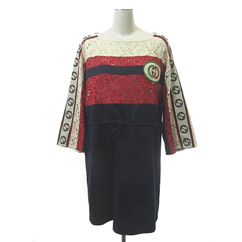 グッチ Gucci ワンピース Gg柄 レース 切替 膝丈 長袖 ベージュ レッド ネイビー S レディース 001 ベクトルパーク