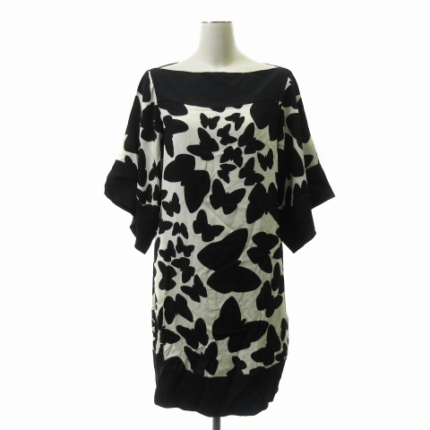 ダイアンフォンファステンバーグ Diane Von Furstenberg ワンピース 総柄 蝶柄 膝丈 七分袖 シルク混 ストレッチ 黒 ブラック 白 ホワイト 6 Ibs94 レディース 001 ベクトルパーク