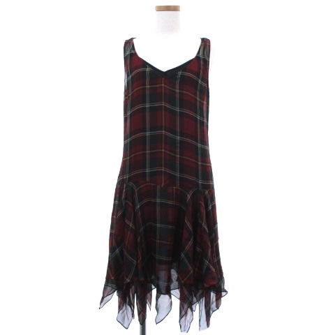ポロ ラルフローレン Polo Ralph Lauren 美品 ノースリーブ ワンピース 膝丈 Vネック プルオーバー ペチコート 付き チェック シルク 赤 レッド 4 Sm レディース 001 ベクトルパーク