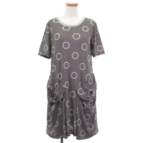 ヒロココシノ Hiroko Koshino ワンピース 膝丈 半袖 プルオーバー プリント キャミソール 付き グレー 38 レディース 001 ベクトルパーク
