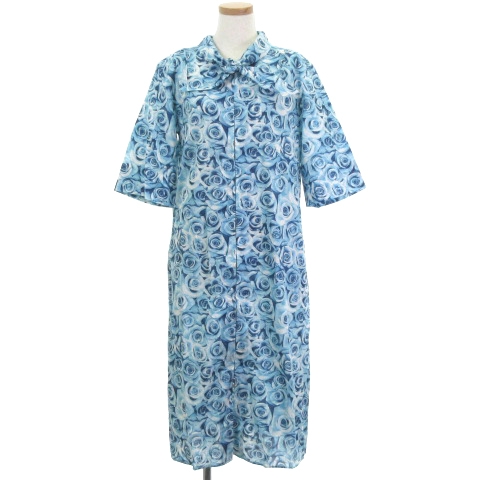未使用品 アニエスベー Agnes B タグ付き ローズプリント シャツ ワンピース ロング 半袖 スカーフカラー 花柄 総柄 コットン 水色 スカイブルー 3 レディース 001 ベクトルパーク