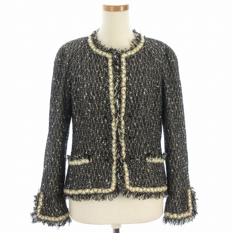 シャネル CHANEL 美品 05年 ノーカラージャケット ツイード フリンジ 