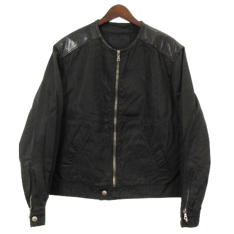 プラダ PRADA ノーカラー ジャケット ブルゾン レザー ナイロン 切替 