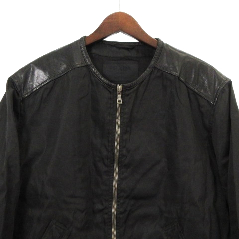 PRADA ノーカラー ジャケット レザー ナイロン 切替 イタリア製 黒