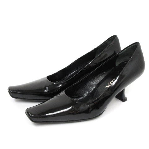 プラダ PRADA パンプス ヒール スクエアトゥ エナメル レザー 