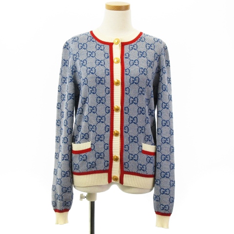 グッチ GUCCI 美品 カーディガン ニット GG柄 ジャガード ストライプ 