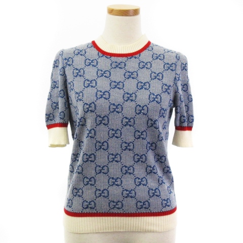 グッチ GUCCI 美品 ニット セーター 半袖 GG柄 ジャガード ストライプ  