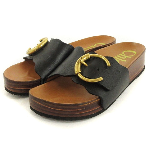 クロエ CHLOE 21SS LAUREN フラット サンダル レザー 黒 ブラック 