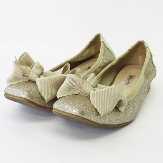 ダイアナ DIANA ラメ リボン バレエ パンプス フラット ゴールドカラー  