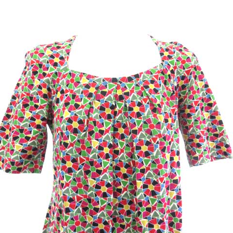 シビラ SYBILLA ワンピース 幾何学柄 半袖 ひざ丈 スクエアネック  