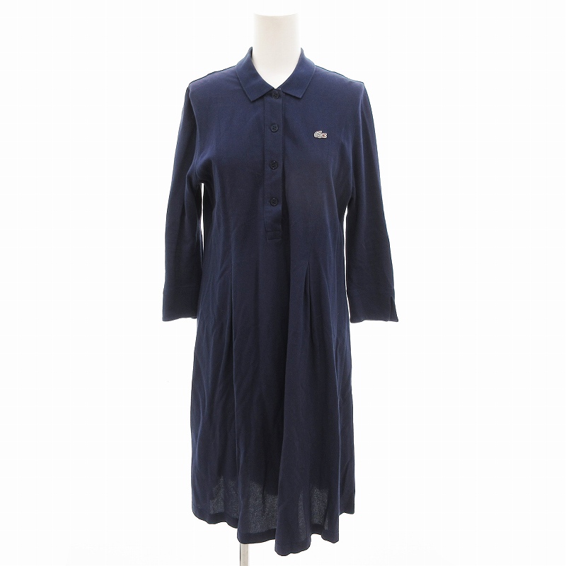 ラコステ LACOSTE ポロワンピース ロゴ刺繍 七分袖 ひざ丈 36 紺