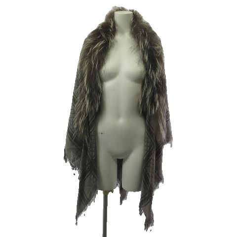 グッチ GUCCI フォックスファー付 ショール GG ウール シルク グレー  