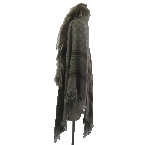 グッチ GUCCI フォックスファー付 ショール GG ウール シルク グレー  