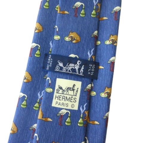 エルメス HERMES 美品 7786FA ネクタイ シルク100 キツネ柄 ネイビー