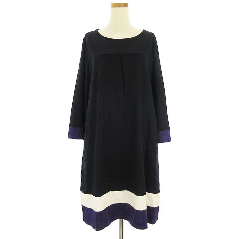 未使用品 自由区 オンワード樫山 ワンピース ひざ丈 七分袖 ボートネック プルオーバー 紺 白 紫 ネイビー ホワイト パープル 44 大きいサイズ Sm レディース 002 ベクトルパーク