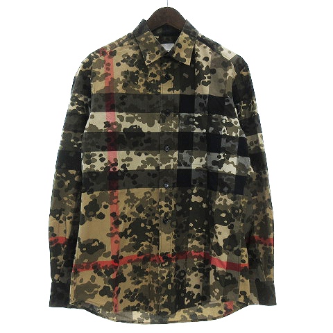 バーバリー Burberry 美品 近年モデル カモフラシャツ 長袖 ノバチェック 迷彩 コットン カーキ 緑系 グリーン系 黒 ブラック S P Sm0 メンズ 002 ベクトルパーク