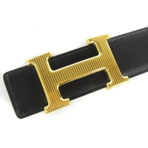 HERMES ブラック キャメルレザーベルト ゴールドバックル リバーシブル