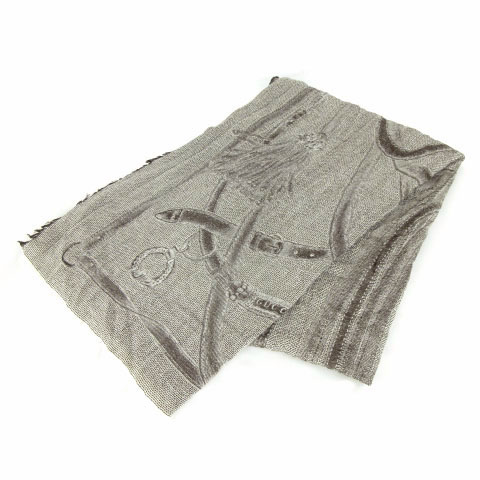 グッチ GUCCI ストール ウール混 フリンジ ベルト柄 グレー系 茶  