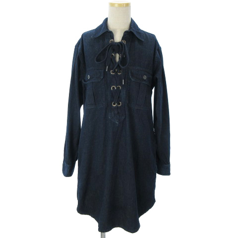 ラルフローレン Ralph Lauren ワンピース ひざ丈 シャツ デニム レースアップ 長袖 無地 胸ポケット Xs インディゴ 青系 レディース 002 ベクトルパーク