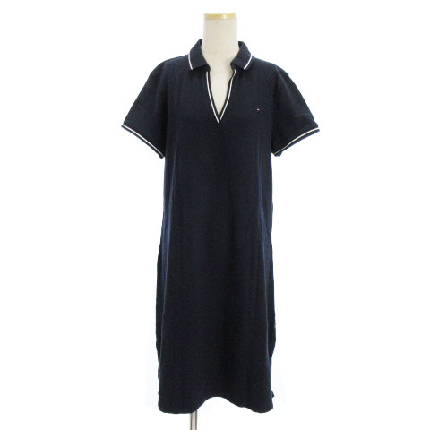 トミーヒルフィガー Tommy Hilfiger ワンピース ひざ丈 半袖 鹿の子 コットン ライン ストレッチ 濃紺 ネイビー L G レディース 002 ベクトルパーク