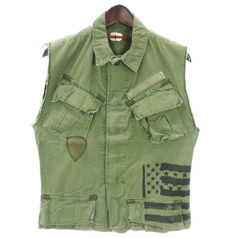 ビームスボーイ Beams Boy シャツ ノースリーブ ベスト ミリタリー リメイク 切りっぱなし 緑系 カーキ メンズ 002 ベクトルパーク