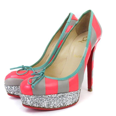 クリスチャンルブタン Christian Louboutin パンプス ハイヒール プラットフォーム グリッター ストライプ リボン レザー ピンク グレー 37 靴 Ibs レディース 002 ベクトルパーク