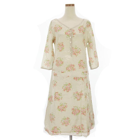 スーパーハッカ Super Hakka ワンピース ひざ下丈 七分袖 フレア Vネック ハーフボタン 光沢 薄手 花柄 白系 アイボリー ピンク レディース 002 ベクトルパーク