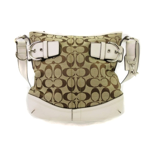 コーチ COACH シグネチャー ショルダーバッグ キャンバス レザー F03574 総柄 ロゴ 白 ホワイト系 ベージュ系 鞄 レディース