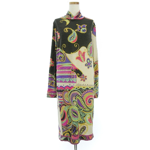 レオナール Leonard Fuchsia ワンピース ロング 長袖 総柄 ペイズリー 大柄 カシュクール ウール シルク混 マルチカラー 40 Ibo5 レディース 002 ベクトルパーク