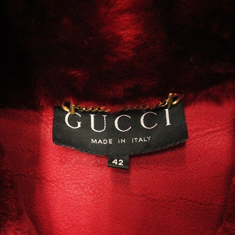 グッチ GUCCI ムートン ファー 毛皮 コート ダブルボタン 無地 赤  