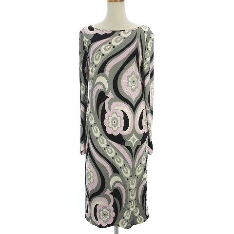 エミリオプッチ Emilio Pucci ワンピース ひざ丈 長袖 ストレッチ クルーネック プッチ柄 総柄 シルク グレー ピンク 40 Ecr4 レディース 002 ベクトルパーク