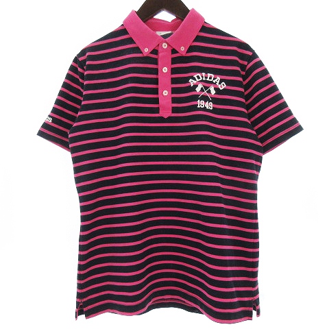 アディダス Adidas ポロシャツ ゴルフウェア 半袖 鹿の子 ボタンダウン ロゴ 刺繍 ボーダー ピンク 紺 ネイビー L メンズ 002 ベクトルパーク