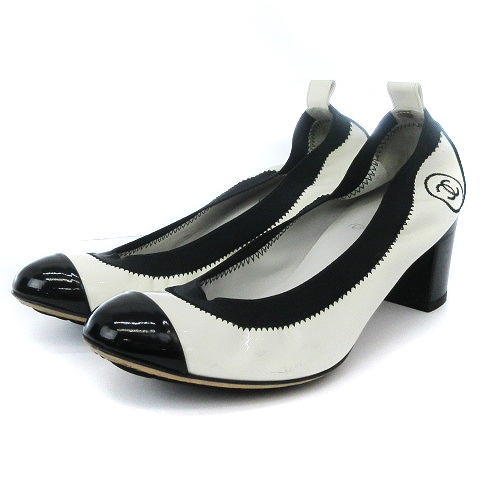 シャネル CHANEL パンプス チャンキーヒール ココマーク エナメル 切替 