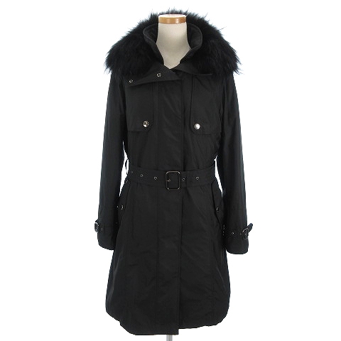 バーバリー Burberry 美品 モッズコート ひざ丈 長袖 リアルファー ライナー付き ベルト付き 裏地ノバチェック 黒 ブラック 40 アウター レディース 002 ベクトルパーク