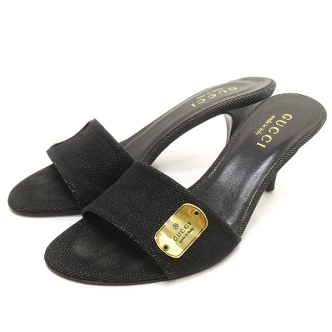 グッチ GUCCI サンダル ミュール ピンヒール プレートロゴ デニム 黒  