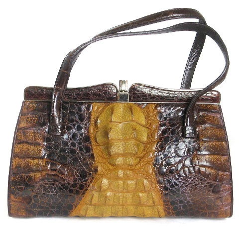 ノーブランド ホーンバック ハンド クロコダイル ワニ革 皮革 茶  