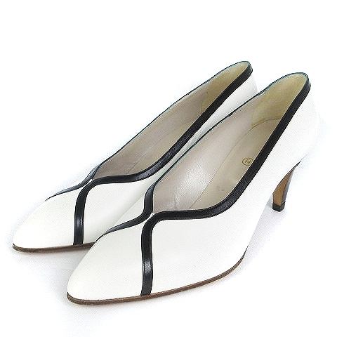 シャネル CHANEL パンプス ヒール レザー 白 ホワイト 黒 ブラック 37  