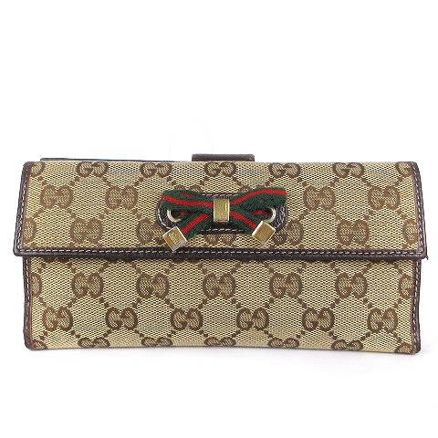 グッチ GUCCI 長財布 二つ折り リボン Wホック GGキャンバス 総柄 