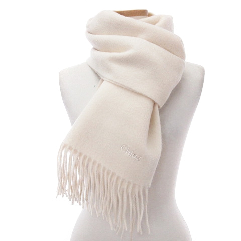Chloé クロエ 洗えるカシミヤマフラー　フリンジ クロエ CHLOE マフラー カシミヤ フリンジ 無地 ロゴ 刺繍 オフ