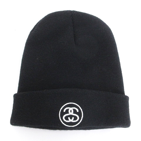 STUSSY ブラック ニット帽 ロゴ刺繍