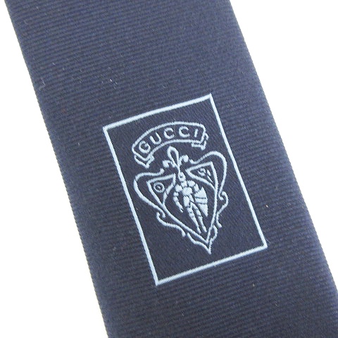 グッチ GUCCI ネクタイ レギュラータイ シルク ロゴ 刺繍 紺 ネイビー 
