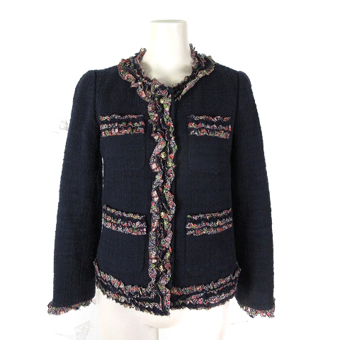 ジェイクルー J.CREW ツイードジャケット シングル ノーカラー フリル 