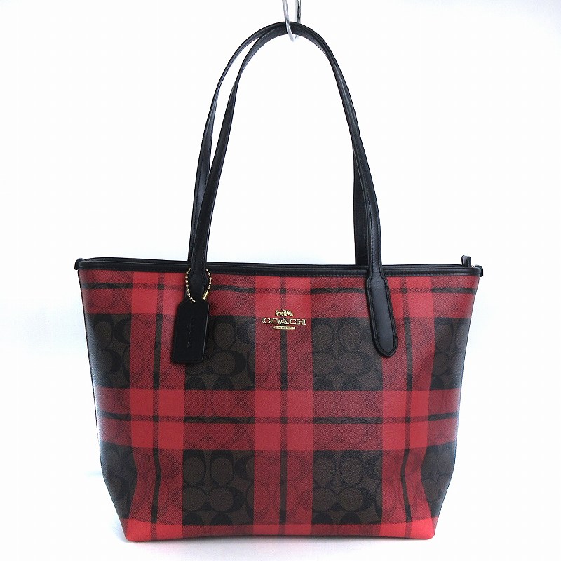 コーチ COACH 美品 シグネチャー トートバッグ チェック PVC レザー  