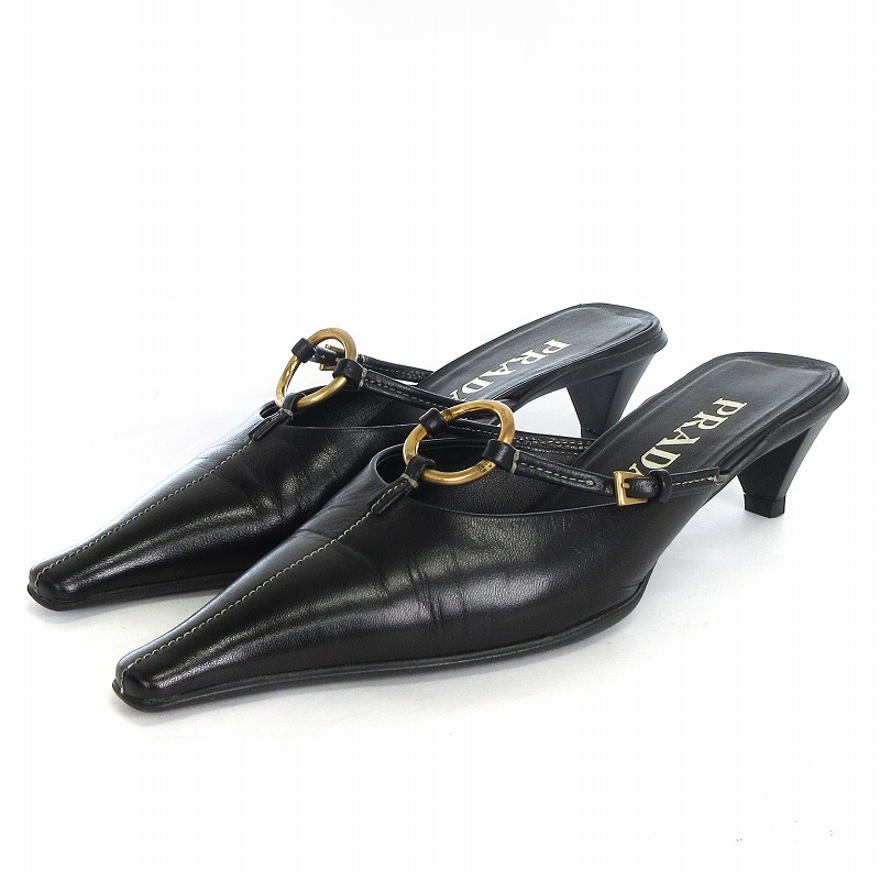 プラダ PRADA ミュール サンダル ローヒール レザー 黒 ブラック 36.5 