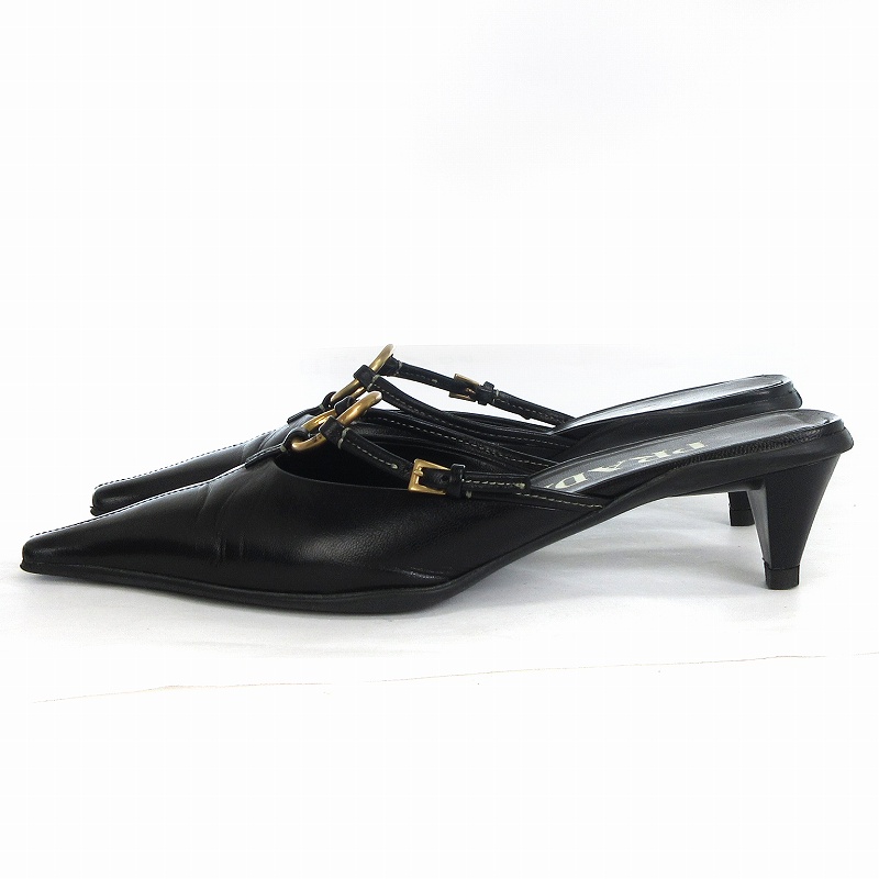 プラダ PRADA ミュール サンダル ローヒール レザー 黒 ブラック 36.5 