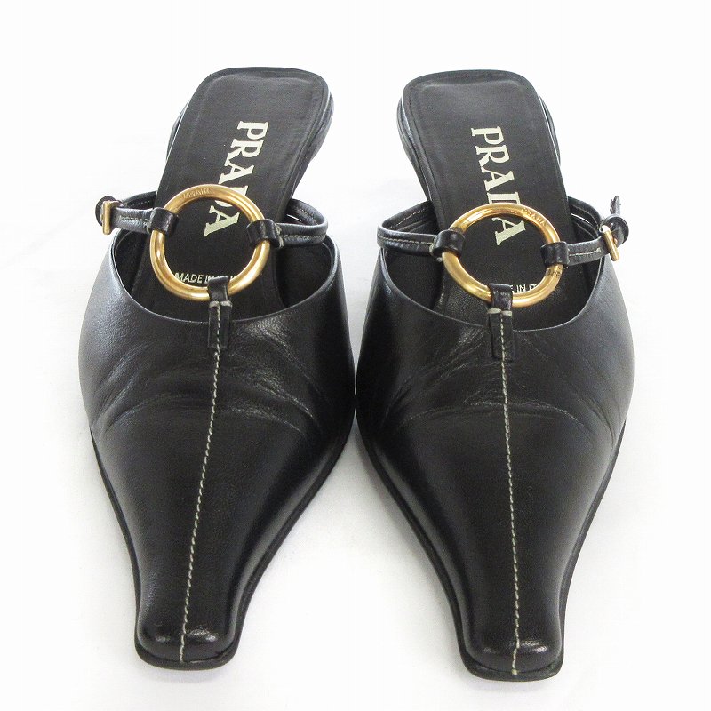 プラダ PRADA ミュール サンダル ローヒール レザー 黒 ブラック 36.5 