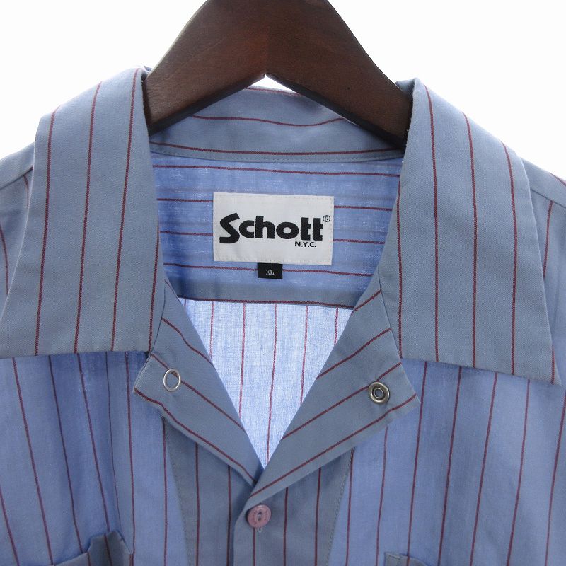 ショット SCHOTT オープンカラーシャツ 半袖 ストライプ 3125084 水色 